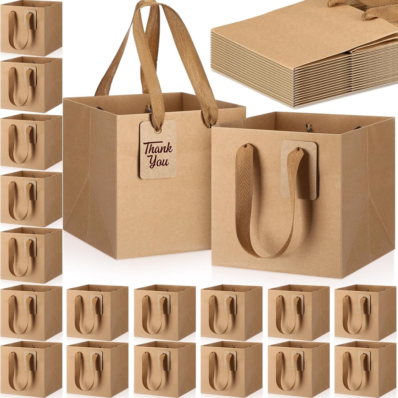 Mini Kraft Paper Gift Bags 50pcs 6x6x6 Favor Bags with Handles and Thank You Tags